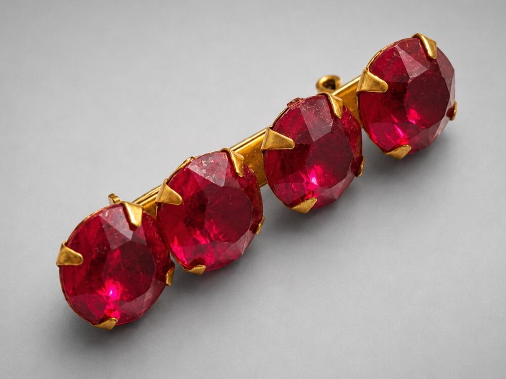 Vintage Deep Red Faceted Lucite Bar Pin, Retro C-Hook, 1940s, Gold-tone go-64